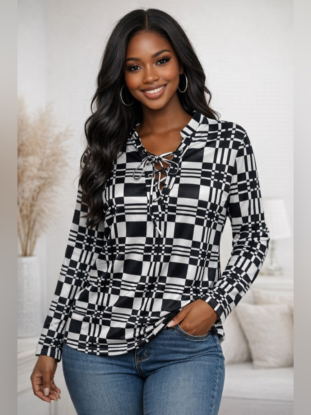 Black White Plaid Lace Up Blouse Stretch Long Sleeve Trendy Top